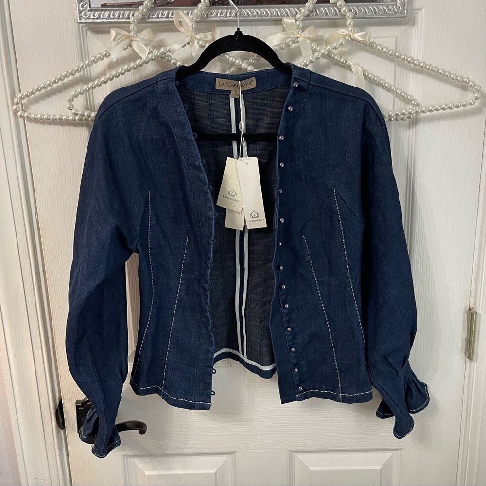 Navy Dark Jean Like Pearl Button-Up Blouse